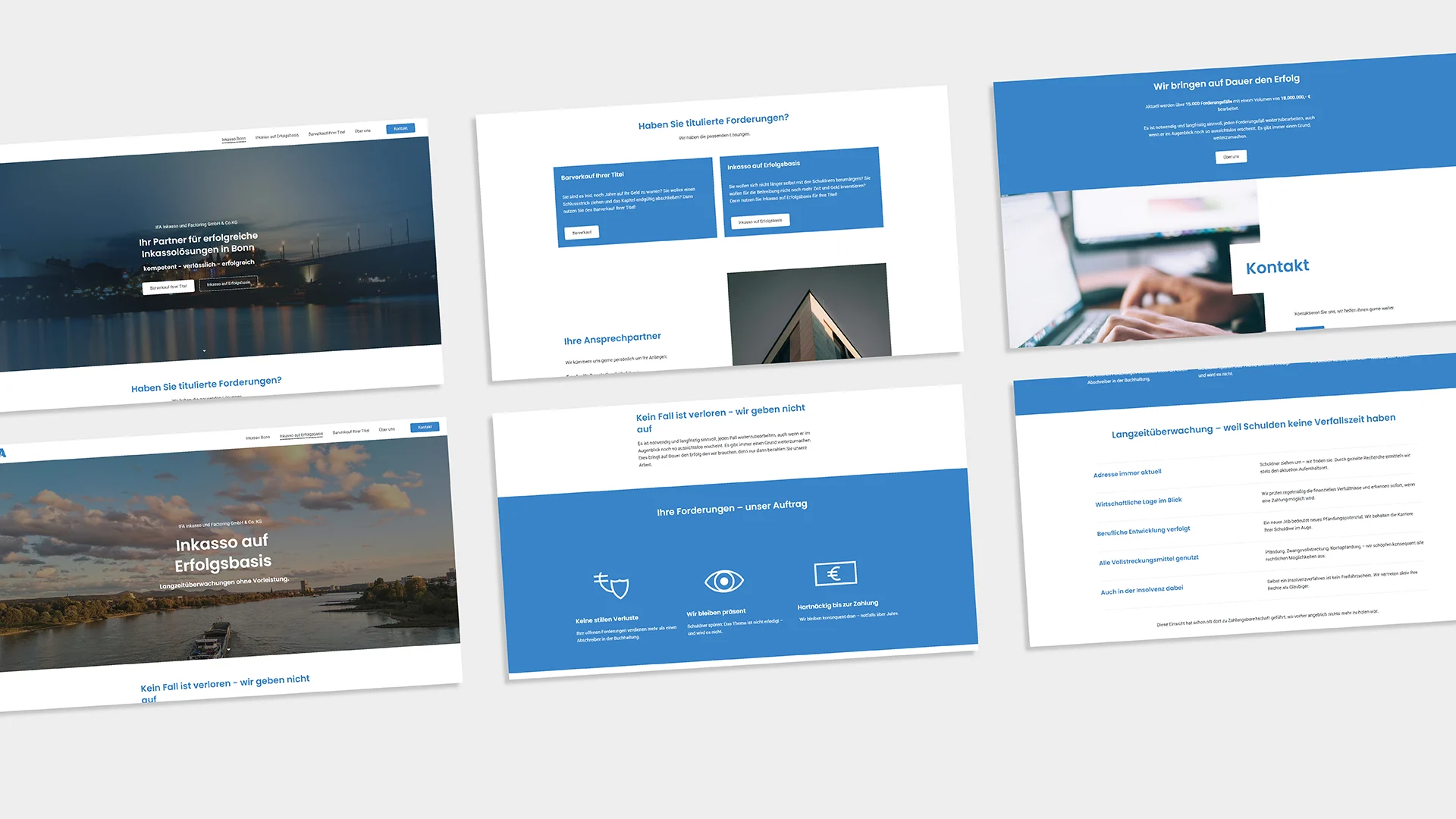 Webdesign für Inkasso Unternehmen aus Bonn - verschiedene Screenshots der neuen Website.